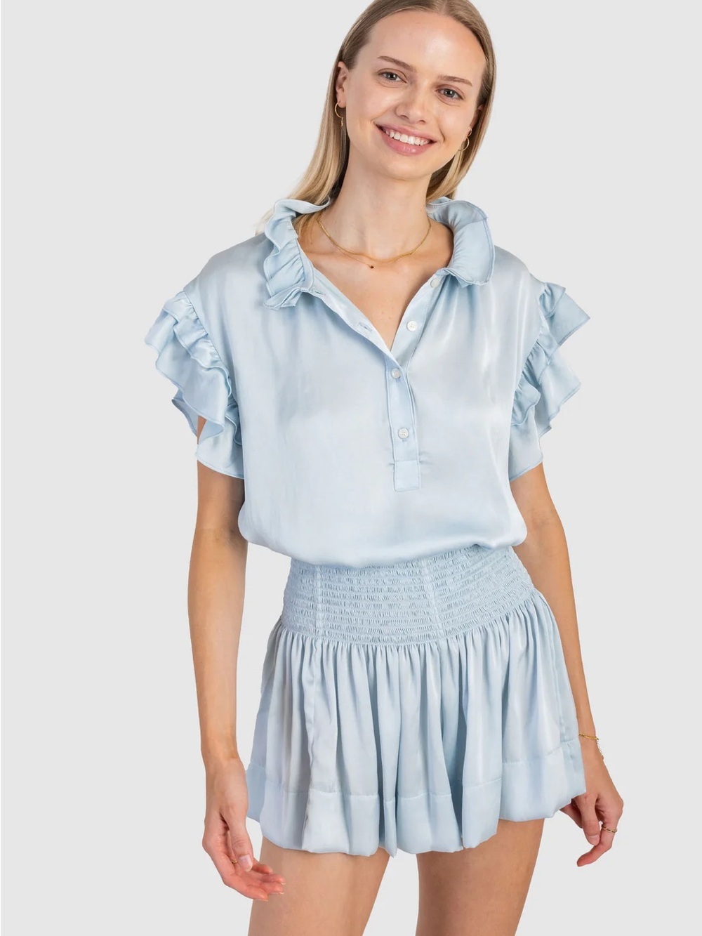 Koch Erica Skirt Moon Blue Polysatin Smocked Mini Skort Made in USA Size XS